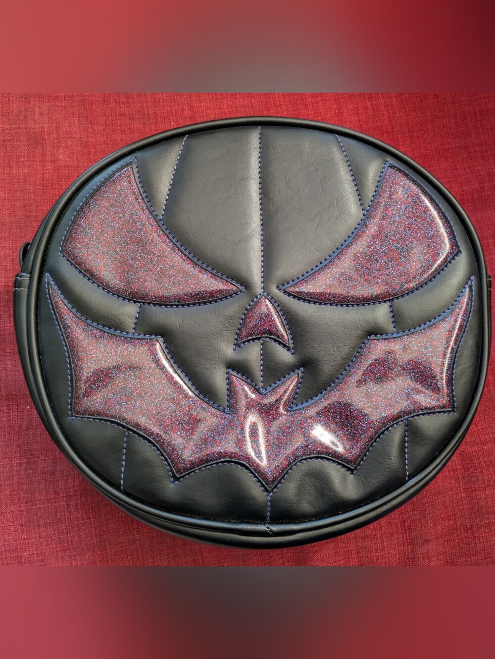 Love Pain And Stitches Handcrafted Bat Mouth Bag Black Purple Glitter EUC
